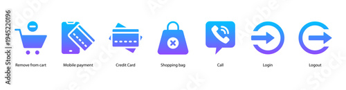 Online Transactions web banner illustration featuring Remove from Cart, Mobile Payment, Credit Card, Shopping Bag, Call, Login, and Logout.