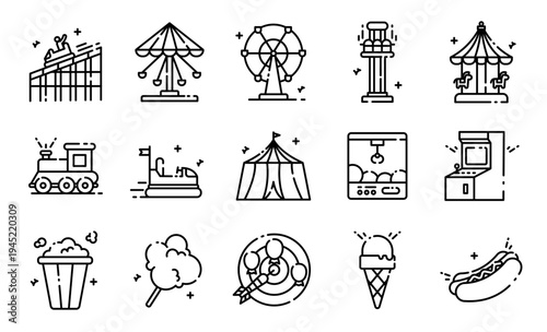 Amusement park and carnival line art icons set vector illustration