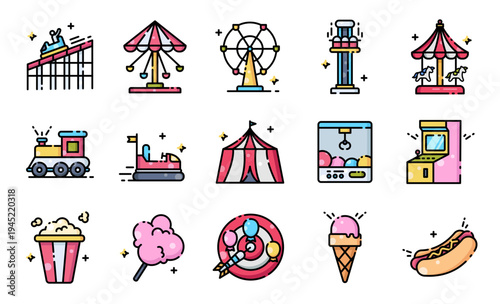 Amusement Park Icon Set Cute Carnival Theme Park Vector Illustration