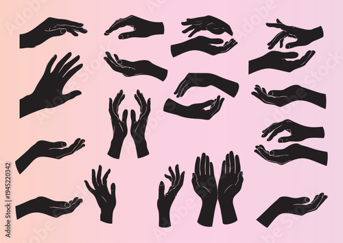 Collection of expressive hand gestures and poses in various positions illustrated elegantly