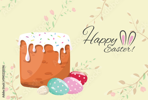 Easter cake with colored eggs and Easter bunny, Easter card, Easter greetings.