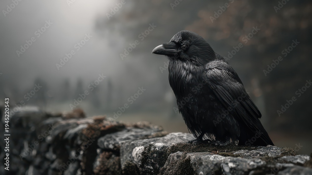 Fototapeta premium Raven perched on a stone wall in a foggy landscape during early morning hours