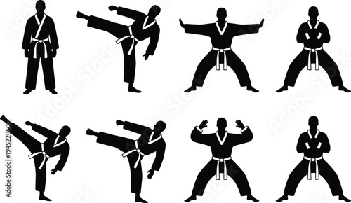 Silhouettes of Martial Artists Performing Various Karate and Kung Fu Poses and Stances on a White Background