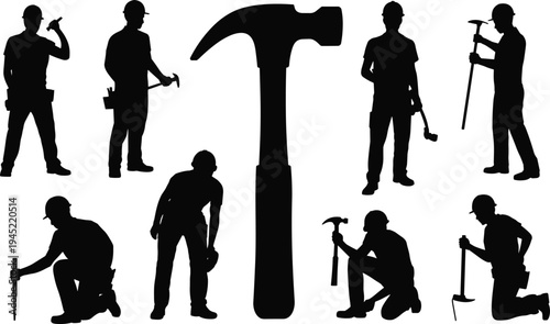 Silhouettes of Construction Workers with Tools and a Large Hammer on a White Background builder carpenter