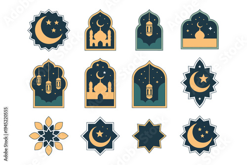 Set of colorful islam icons and mosque elements for ramadan kareem celebration eid al fitr and eid al adha islamic new year muharram