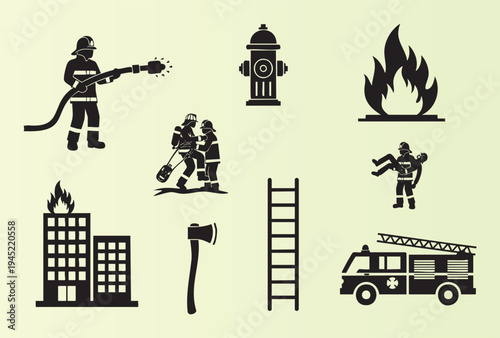 Collection of firefighter and fire safety icons including firefighters equipment and rescue operations illustration