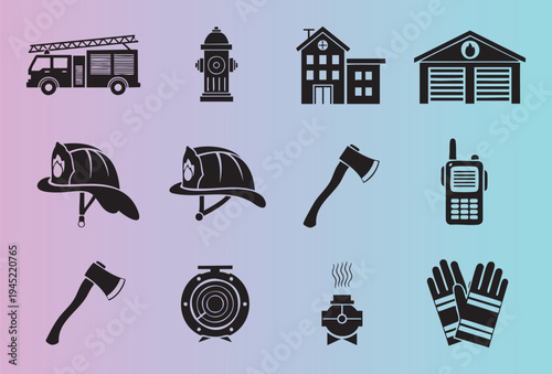 Collection of firefighter icons including helmets axes trucks and equipment in flat design style