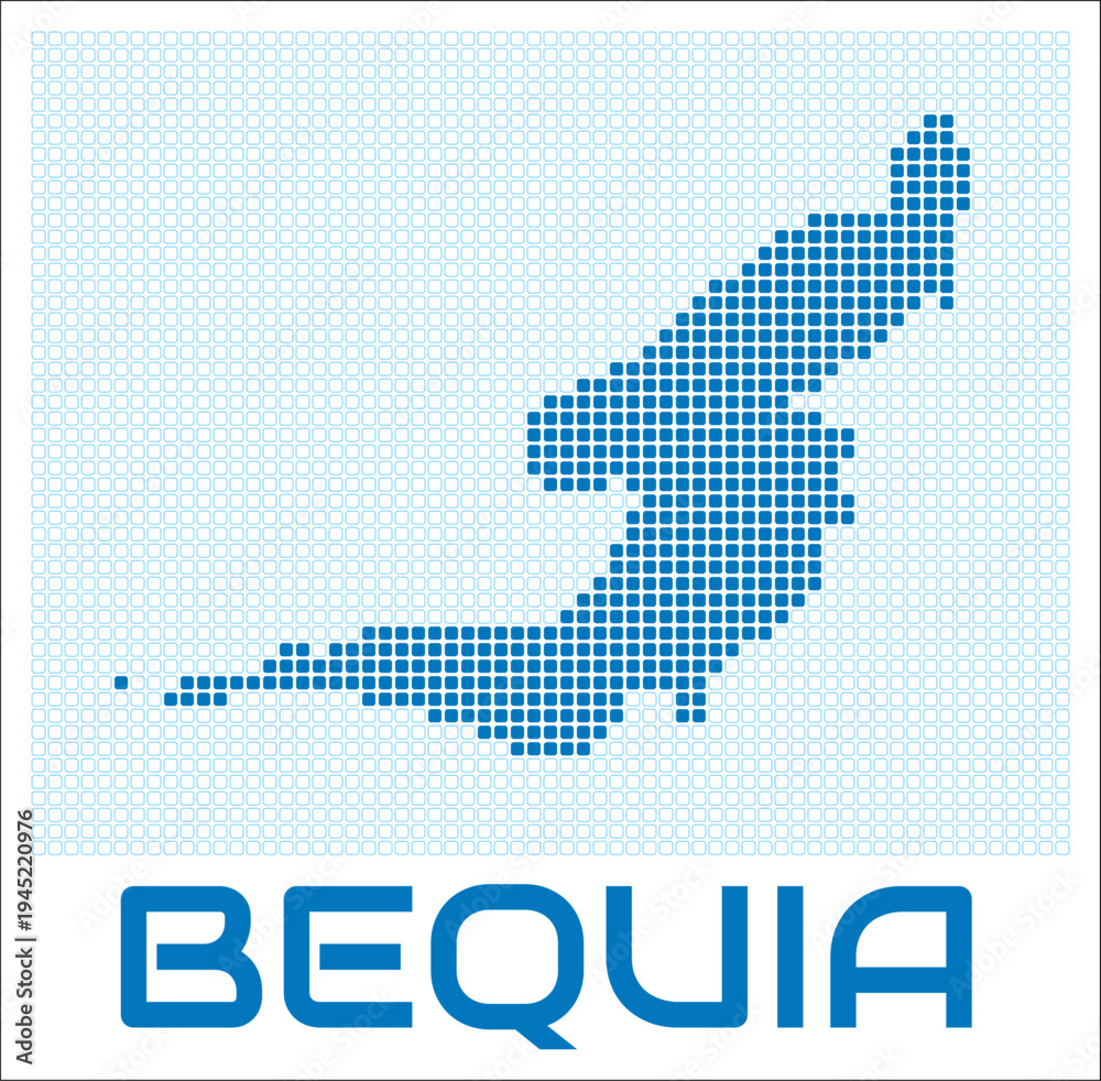 Fototapeta premium Bequia digital style map with blue rounded rectangle dots. St. Vincent. Dotted shape of the island. Bequia blue colored map and title on white background. Amazing Vector Illustration.