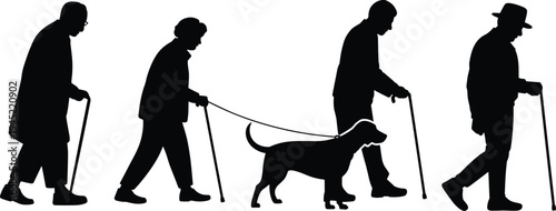 Elderly people silhouettes walking with cane and dog, senior mobility support illustration, aging lifestyle artwork for healthcare and companionship themes
