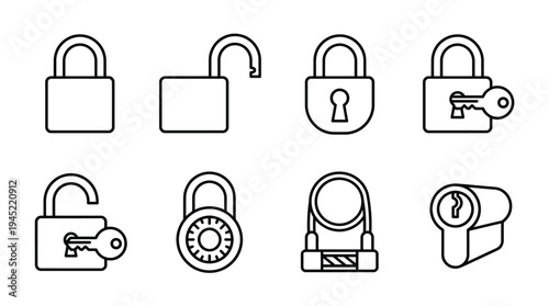 Vector graphic illustration of various padlock designs and symbols used for security and protection in modern digital applications and user interfaces.