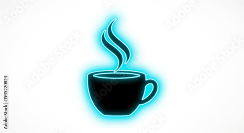 Steaming Coffee Cup with Neon Blue Glow and Smoke, Minimalist Design