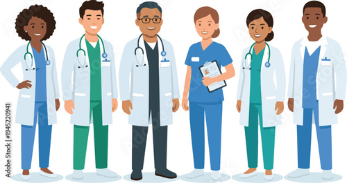 Smiling diverse medical team standing together, representing professional healthcare collaboration and support.