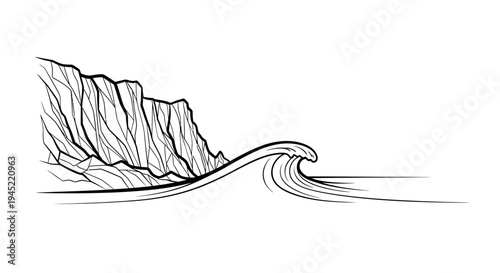 Stylized Wave Crashing Against Rocky Cliff Face, Monochrome Line Art