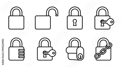 Vector graphic illustration of various lock designs and symbols used for security and protection