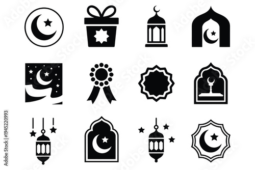 Set of islamic eid mubarak line icons and symbols. arabic ramadan kareem celebration elements, isolated on transparent background