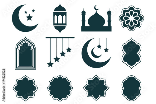 Set of islam icons and mosque elements for ramadan kareem celebration eid al fitr and eid al adha islamic new year muharram outline vector