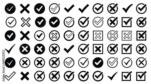 Checkmarks and crosses vector icons in various styles and symbols