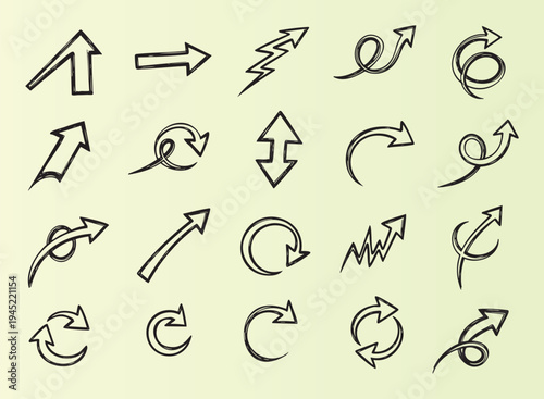 Collection of handdrawn arrow icons in various styles and directions isolated on transparent background