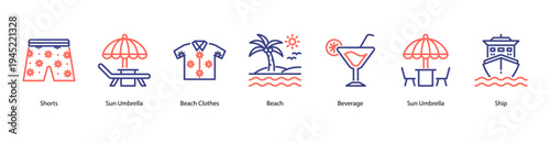 Beach Relaxation web banner icon vector illustration featuring Shorts, Sun Umbrella, Beach Clothes, Beach, Beverage, Ship, and Sun Umbrella for seaside enjoyment.