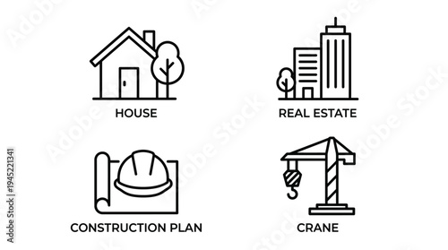 Vector graphic illustration of construction and real estate icons including a house, real estate, construction plan, and crane, depicting key elements in building and property development