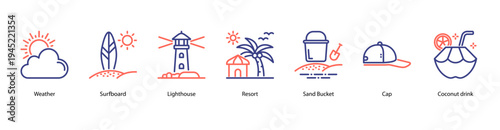 Coastal Paradise web banner icon vector illustration featuring Weather, Surfboard, Lighthouse, Resort, Sand Bucket, Cap, and Coconut Drink for beach and ocean fun.