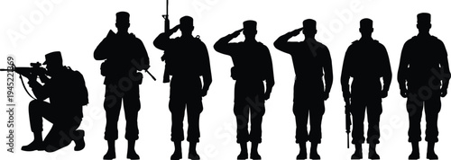 Military soldier silhouette set with troops saluting and aiming rifles for veterans day memorial day cad drawing flat vector illustration