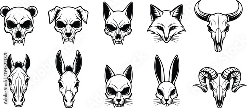 Animal Skull and Head Vector Collection Featuring Bear Dog Cat Fox Bull Horse Donkey Rabbit and Ram Flavector Illustration Set