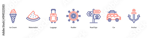 Seaside Journey web banner icon vector illustration featuring Ice Cream, Watermelon, Luggage, Rudder, Road Sign, Car, and Anchor for summer travel vibes.