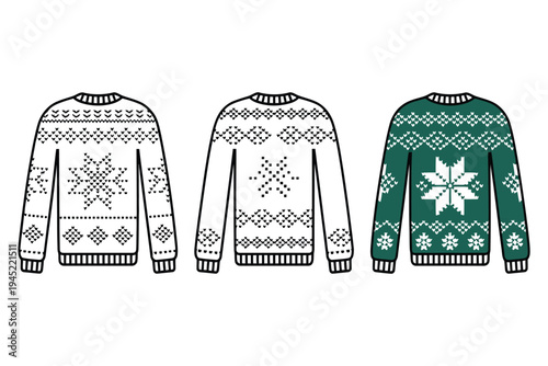 Three pullover christmas sweaters with fair isle knitting pattern featuring snowflakes and geometric designs in outline style