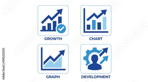 Vector graphic illustration of business growth icons with chart and graph symbols