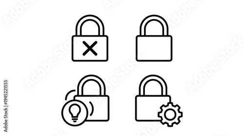 Vector graphic illustration of four padlock icons in different states and configurations for design and security concepts