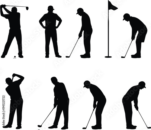Golf player silhouettes in action poses, sports illustration showing swing putting stance, athletic artwork for teaching golf techniques and training