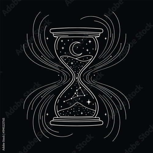 Intricate white line art hourglass filled with stars and cosmic energy vector illustration.