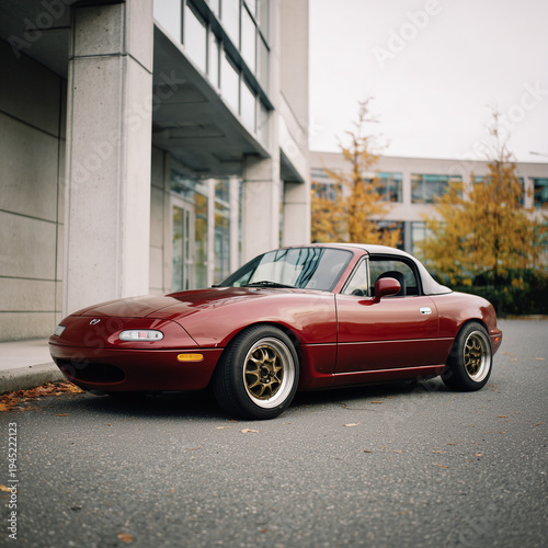 Tableau sur toile Roter Mazda MX-5 Miata (Eunos Roadster) als Cabrio vor moderner Architektur