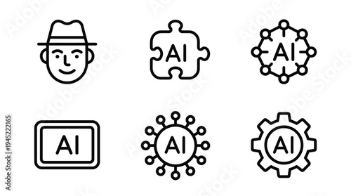 Black and white vector graphics set featuring AI related symbols and a smiling man wearing a hat for technology and innovation designs