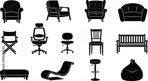 Set of black silhouette icons of different chairs armchairs office furniture bench stool bean bag and lounge seats for interior design