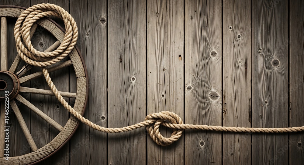 Obraz premium Rope and Wagon Wheel on Wooden Wall.