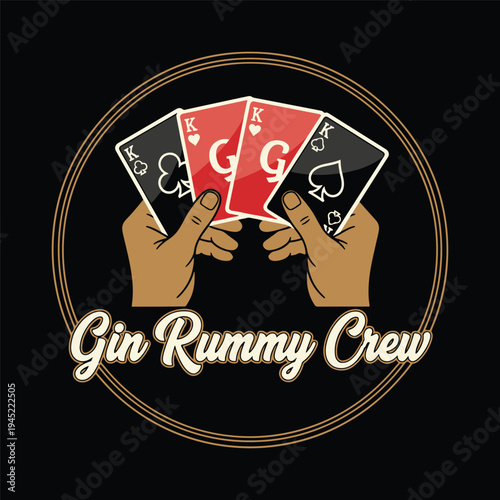 Hands holding cards for a Gin Rummy Crew club logo on a black background vector illustration.