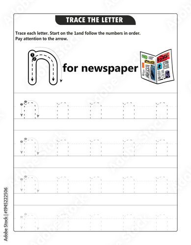 Lowercase Letter n Tracing Worksheet for Kids: n for Newspaper Handwriting Practice Printable