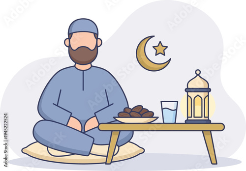 Ramadan Kareem Muslim Man Sitting Near Iftar Table with Dates Vector Illustration