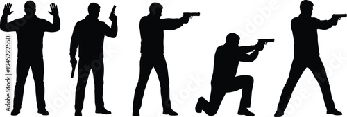 Set of black silhouettes of a man with a gun in different poses, shooter aiming, surrendering with hands up, isolated