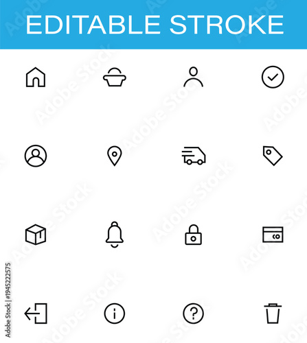 Essential Web and E-commerce Line Icon Set including Home, Shopping Basket, User Profile, Delivery Van, Price Tag, Notification Bell, and Security Lock with Editable Stroke