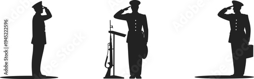 Military officer salute silhouettes with rifle and uniform, army honor guard ceremony, patriotic defense service vector illustration