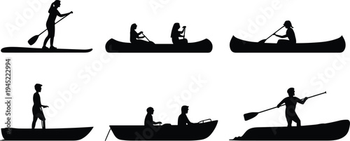 Silhouettes of people paddling watercraft, canoe kayak rowboat paddleboard, recreational boating activities, aquatic sports illustration, dynamic motion nautical design