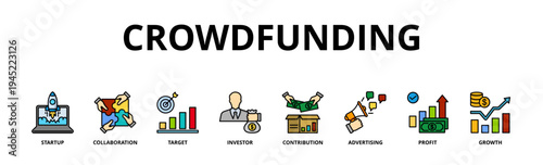 Crowdfunding web icon vector illustration concept with icon of startup, collaboration, target, investor, contribution, advertising, profit, growth 