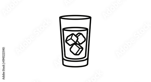 Refreshing Cold Drink with Ice Cubes in a Tall Glass, Simple Line Art Icon