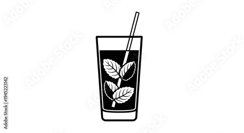 Refreshing Mint Drink in Tall Glass with Straw, Black and White Icon