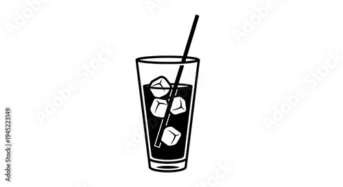 Refreshing Iced Drink in Tall Glass with Straw and Ice Cubes - Black and White Icon