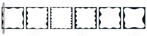Set of playful square text box frames, minimalist black wavy borders, outline round banner design templates. Minimal card curve vector illustration isolated on transparent background