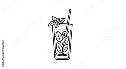 Refreshing Mojito Drink with Mint Leaves and Straw, Line Art Icon